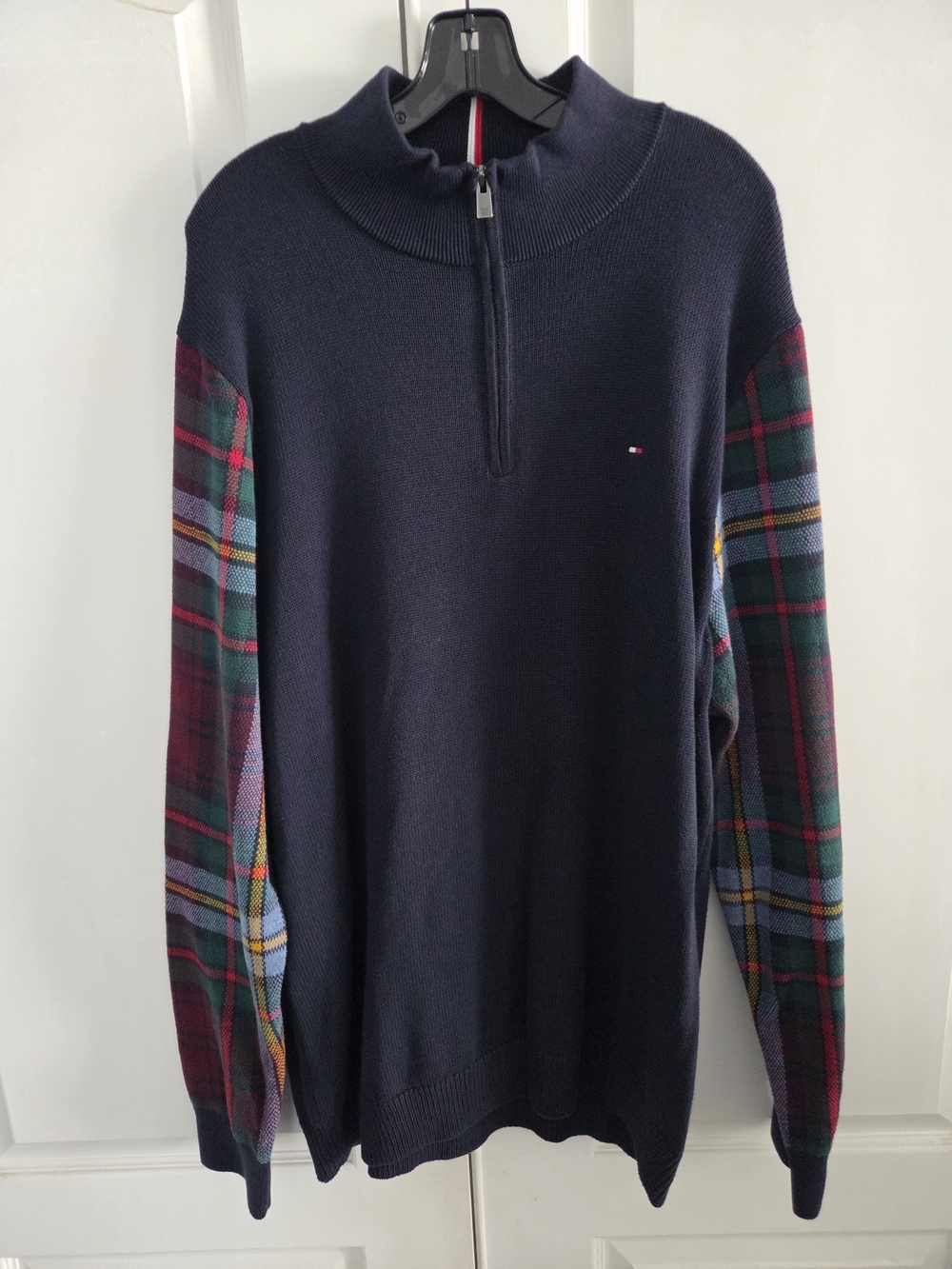 Tommy Hilfiger Navy Half-Zip Sweater with Plaid Sleeves
